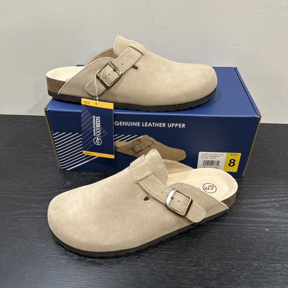 White Mountain Footbeds Women's Clog Taupe/Suede Slip On Adjustable Buckle 8 NEW